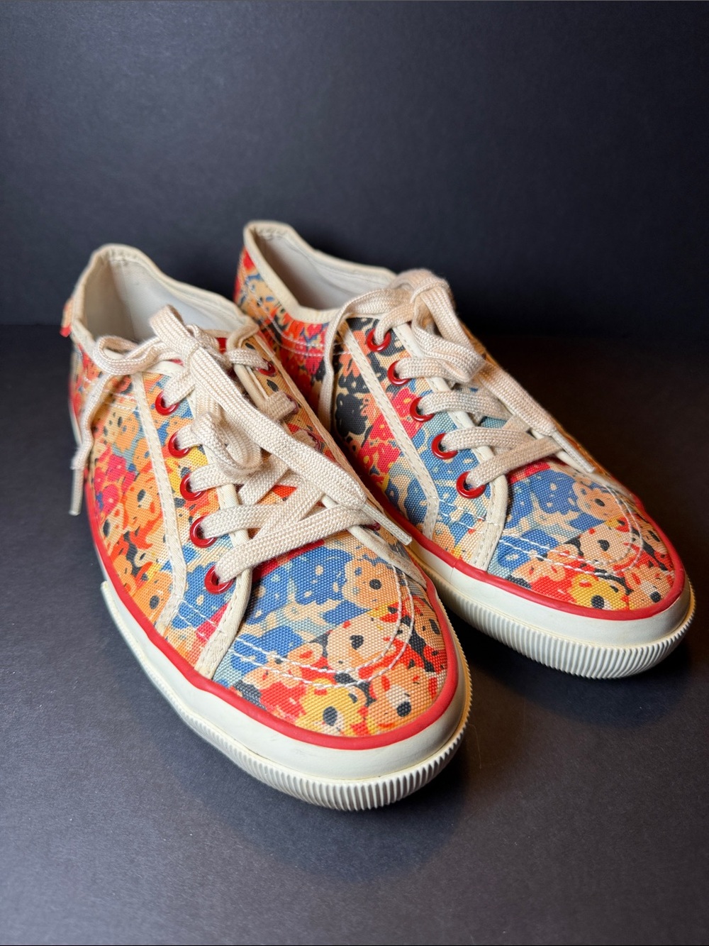 Coach Kalyn Low Top Floral Canvas Sneakers - Orange/Blue/Red Trim - Size 9